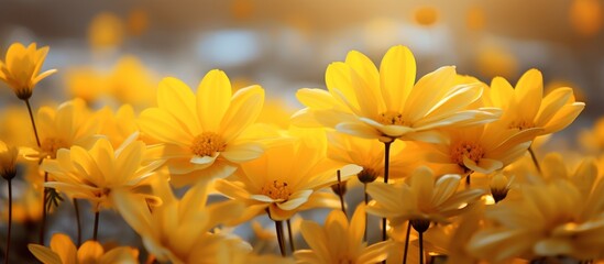 Bright yellow flowers basking in the warm sunlight, showcasing their vibrant color and delicate petals in a natural setting