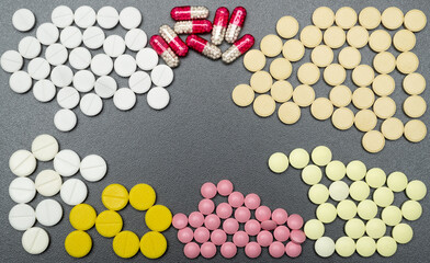 background with medicines. pills and capsules close-up for background