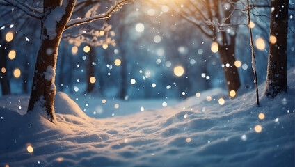 A winter Christmas backdrop decorates the stage with gently falling snow and a beautiful blurred bokeh effect, creating a magical and festive atmosphere. In the middle of a winter wonderland. AI gener