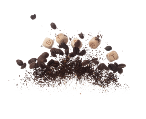Rich aroma freshly roasted coffee beans fly in air as dance alongside alphabet letter blocks toy beads "START", embodying essence of the coffee seed powder. White background isolated explosion