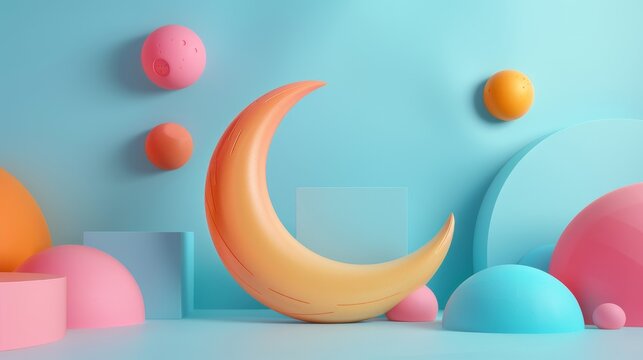 Crescent futuristic background, 3D render clay style, Abstract geometric shape theme, colorful