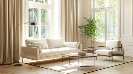 Modern villa living room design interior, beige furniture, bright walls, hardwood flooring, sofa, armchair with lamp. Concept of relax.