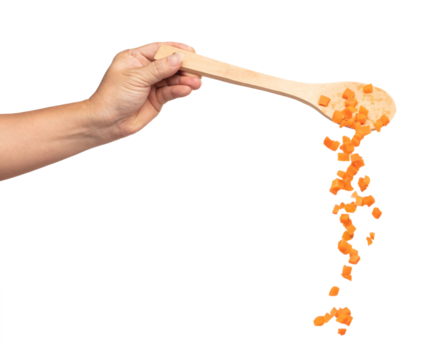 Carrot fresh fly float in wooden spoon in Air turn to dice cube shape. Beta Carotene orange color in Carrot is good health. Many Dice cube carrot flying throw up in Air. White background isolated