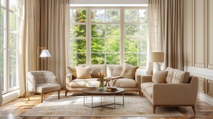 Modern villa living room design interior, beige furniture, bright walls, hardwood flooring, sofa, armchair with lamp. Concept of relax.