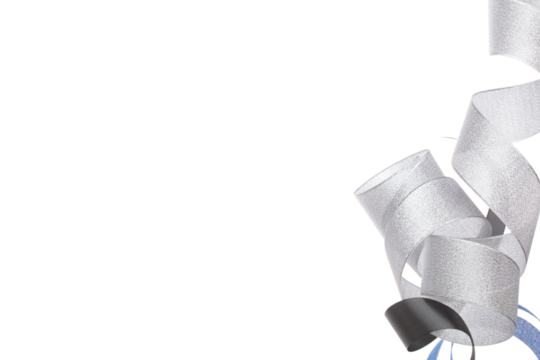 Colorful ribbon long straight fly in air with curve roll shiny. Blue silver gold black ribbon for present gift birthday party to wrap around decorate, blow fly in wind. White background isolated