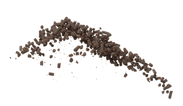 Fertilizer Organic natural fly fall explosion, tube compost fertilizer for planting float in air. Organic fertilizer throw in mid air. White background isolated high speed freeze motion