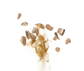 Gold ore nugget mix sand explode from Mining. Golden nugget ore grain powder explosion with sand stone gravel in gold Mining industry. White background Isolated throwing freeze stop motion