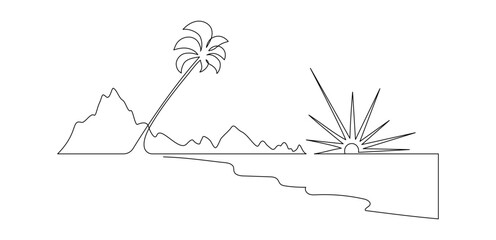 One continuous line drawing of beach with palm tree. Abstract tropical landscape with sea and clouds in simple linear style. Travel vacation in editable stroke. Doodle outline vector illustration - obrazy, fototapety, plakaty