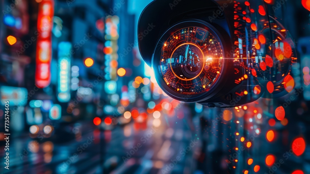 Poster dynamic view of a surveillance camera with a holographic face recognition interface, urban backgroun