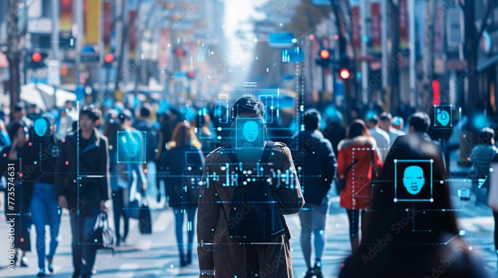 Poster surveillance camera capturing a crowded pedestrian zone, software interface tagging faces with perso