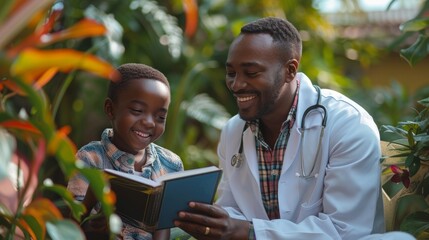 Young boy and doctor laughing together over a book, illustrating the power of empathy in healing, serene backdrop