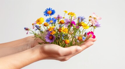 Woman's hand cradling vibrant wildflowers, purity and nature concept, isolated on white