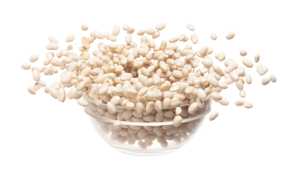 White bean fly throw up in glass bowl, white bean float explode, abstract cloud fly. Off white beans splash throwing in Air. White background Isolated high speed shutter, freeze motion