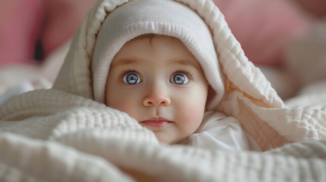 baby girl is hiding under the white blanket on soft pink color background professional photography
