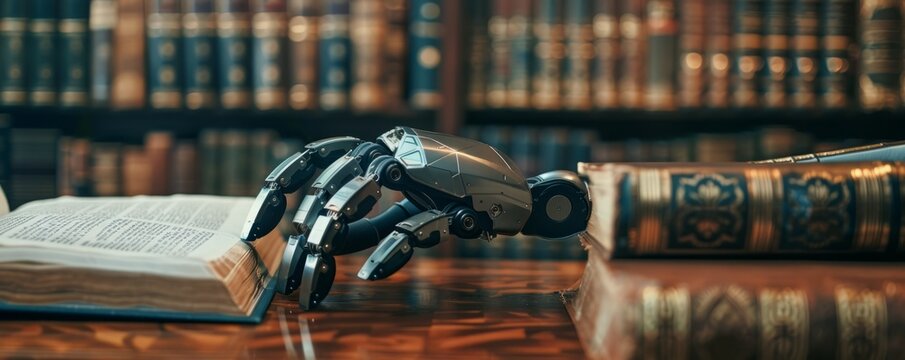 A robot hand meticulously sorting through legal documents on a classic lawyer desk, AI law books and digital legal codes shimmering in the background