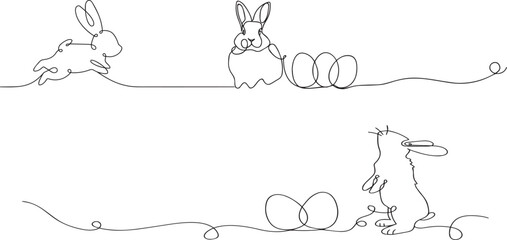 One continuous line drawing of Easter eggs and rabbit. Greeting banner design with bunny and ears in simple linear style. Editable stroke. Doodle vector illustration