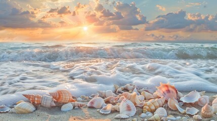 A breathtaking sunset over a tranquil ocean serves as the backdrop for this tropical paradise podium image. The warm hues of the sky . . - obrazy, fototapety, plakaty