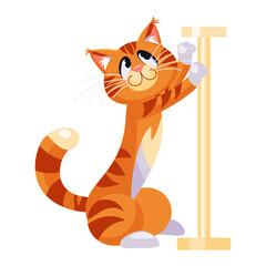 Cute big tabby ginger Cat sharpens its claws on scratching post, cartoon flat design illustration