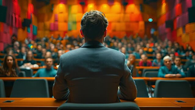 Conference animation: Man addressing crowd, business concept
