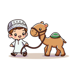 Cute vector illustration of Muslim children and camels