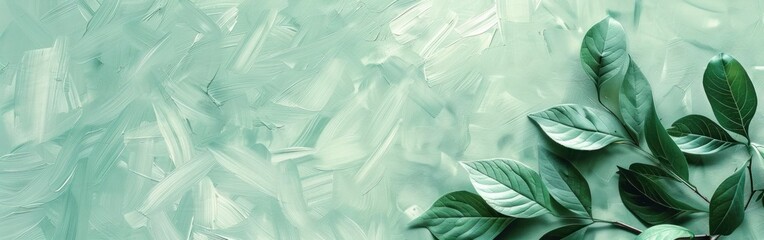 Japandi Leaves: Abstract Minimalist Painting with Japanese-Scandinavian Style on Mint Green and White Texture Background
