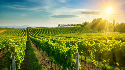 A scenic vineyard with rows of grapevines stretching into the distance, representing the agricultural side of finance and vineyard economics - obrazy, fototapety, plakaty