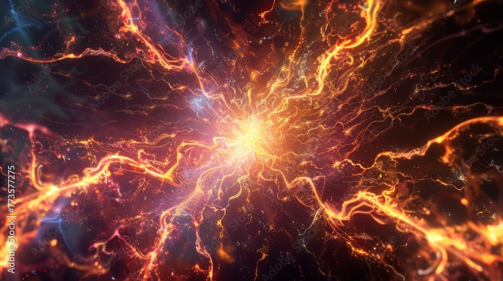 Poster an explosion of electrifying fractal energy bursting with a burst of colorful light.