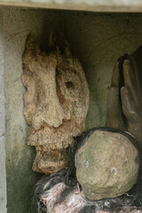 Closeup of wooden mask statue, Ubud, Bali, Indonesia