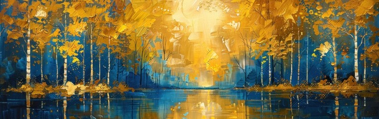Golden Birch Forest Reflections: Abstract Acrylic Oil Painting with Water and AI-Generated Gold Details