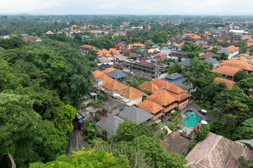 Fototapeta na wymiar Aerial: The town of, Ubud, Bali, Indonesia.