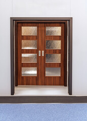 Closed wooden frame material glass sliding door inside home interior - 773578042