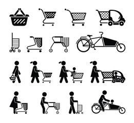Information shopping icons. Different types of baskets, trolleys and carts for shopping in stores.