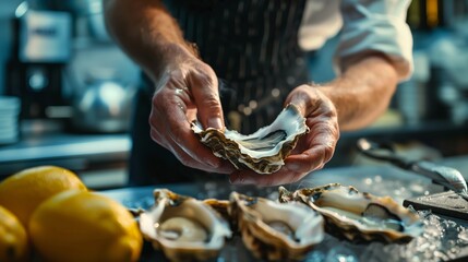 A close-up shot of a chef's hands skillfully shucking fresh oysters over a bed of ice, with vibrant lemons in the background, showcasing a glimpse of the culinary art in a professional kitchen.
 - obrazy, fototapety, plakaty
