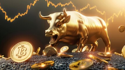 Bitcoin BTC with golden bull and coins scattered on the ground. Bullish divergence signal of crypto currency market, 100000 US Dollar target, 100k Goal - obrazy, fototapety, plakaty