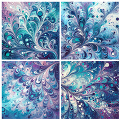 four patch of marbling effects in turquoise, purple, blue, green, white, violet