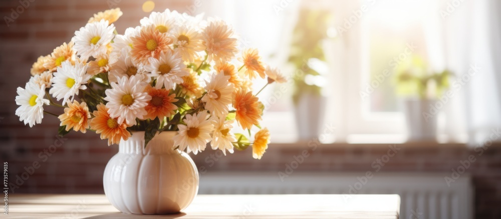 Poster vase filled with colorful flowers placed on a wooden table in front of a window with natural light s