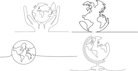 One continuous line drawing of Earth globe. World map in simple linear style. Travel and flight concept in editable stroke. Doodle vector illustration