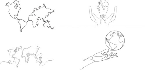 One continuous line drawing of Earth globe. World map in simple linear style. Travel and flight concept in editable stroke. Doodle vector illustration