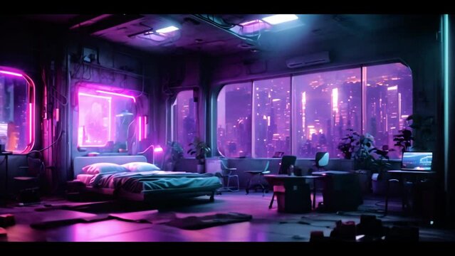 Cyberpunk-themed room interior with a futuristic, hi-tech, low-life, unalienated atmosphere against the backdrop of a neon-lit, night-time metropolis.