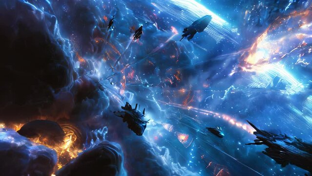 A spectacular battle scene unfolding in outer space. Multiple spaceships engaged in intense crossfire. Missiles and beams flying between ships, explosions occurring. 