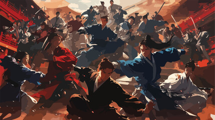 Anime style a group of chinese martial artist in co - obrazy, fototapety, plakaty