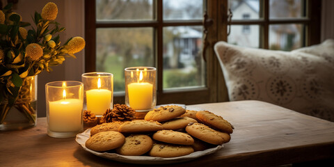 A cozy scene featuring four flickering golden candles, a vase brimming with fragrant eucalyptus branches, and a bowl of tempting cookies arranged elegantly as part of a festive Advent. - obrazy, fototapety, plakaty