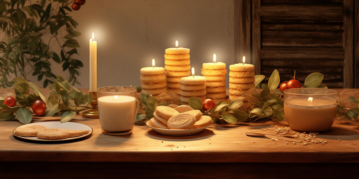 A delightful scene featuring four radiant golden candles, a vase filled with fresh eucalyptus branches, and a bowl of delicious cookies arranged elegantly on a wooden table adorned with festive decore