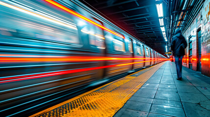 Urban Commute Bustle: Cinematic Long Exposure View of big City Subway with Blurred Lights Morning...