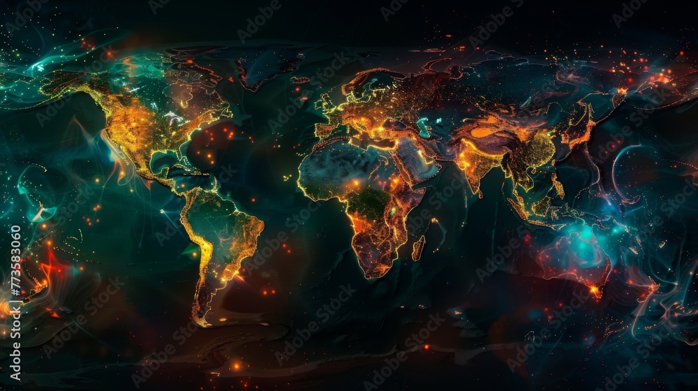 Poster a map of the world is displayed with vibrant lights shining in various colors, creating a beautiful 