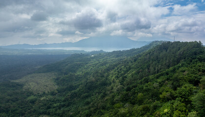 View from the crater of Mount Batur out over Danau Batur lake, Kintamani, Bali, Indonesia.
