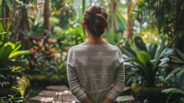 A woman stands facing away from the camera hands clasped in front of as takes in the peacefulness of the tranquil garden . .