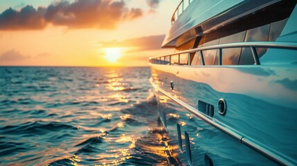Luxury Yacht Sailing at Sunset on Tranquil Sea, Exclusive Travel Concept - obrazy, fototapety, plakaty