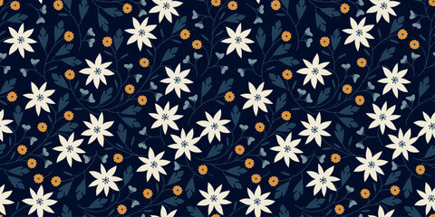 Vector seamless vintage floral pattern. Spring botanical print. Abstract branches with leaves, and berries. Dark blue background. Scandy pattern for textile and fashion design.