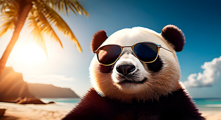 Adorable panda wearing sunglasses enjoying the summer day in the beach.